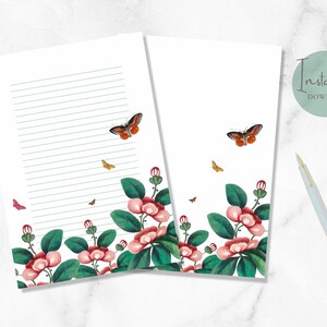 Papelaria floral para impressão, papelaria vintage com flores, papel botânico para escrever, papel para escrever com letras de borboletas, papel para carta A4 dos EUA, download instantâneo