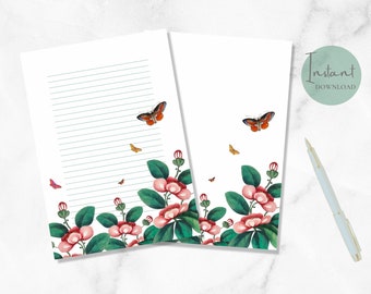 Floral Printable Stationery Vintage Flower Stationary Botanical Writing Paper Butterfly Letter Writing Paper A4 US Letter Instant Download