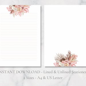 Papelería con diseño floral bohemio para imprimir, ramo de cartas, papel A4, carta estadounidense, descarga instantánea, flores secas, papelería minimalista.