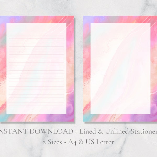 Pink Marbled Printable Stationery Pretty Stationary Rainbow Writing Paper Aesthetic Letter Writing Paper A4 US Letter Instant Download