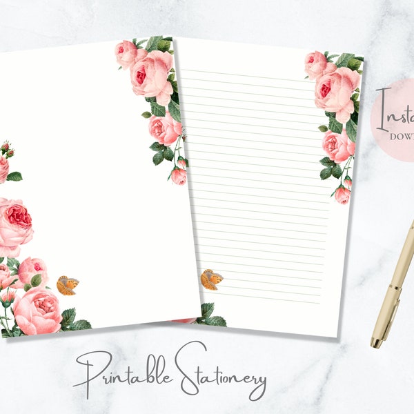 Rosa Rose Schmetterling Druckbare Briefpapier Floral Stationär Natur Briefpapier Schmetterling Brief Briefpapier A4 US Letter Sofort Download