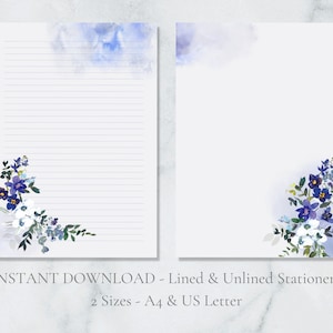 Papelería imprimible con flores de acuarela azules, papel de escritura para jardín, papel floral para escribir cartas, tamaño A4, descarga instantánea.