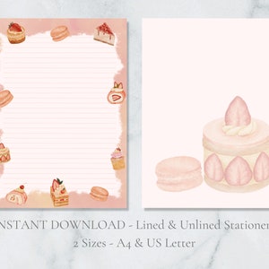 Pasteles bonitos, papelería imprimible, pasteles lindos, papel para escribir cartas, tamaño A4, carta estadounidense, descarga instantánea, papelería kawaii, papelería de comida