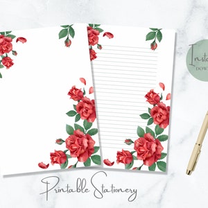 Papelería imprimible de rosas rojas, papelería de San Valentín, papel de escritura floral, papel de escritura de cartas con flores, tamaño A4, carta estadounidense, descarga instantánea