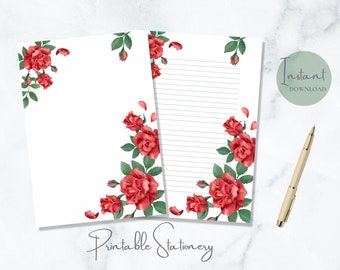 Red Roses Printable Stationery Valentines Stationary Floral Writing Paper Flower Letter Writing Paper A4 US Letter Instant Download
