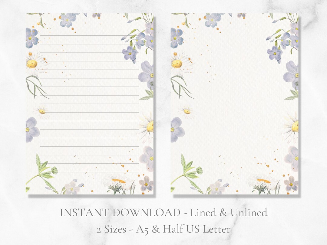Half US A5 Letter Wild Flowers Printable Stationery Watercolor Floral ...