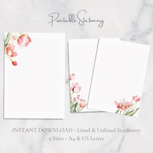 Papelería imprimible con tulipanes de acuarela, papel botánico para escribir, tamaño A4, carta de EE. UU., descarga instantánea, flores de primavera rojas y rosas, estilo cottagecore, diario basura