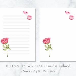 Papelería imprimible con rosas, papelería de San Valentín, papel de acuarela para escribir cartas florales, papel tamaño A4, carta de EE. UU., descarga instantánea