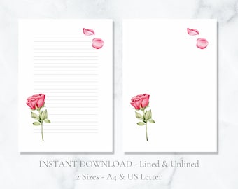 Rose Printable Stationery Valentines Stationary Watercolor Writing Paper Floral Letter Writing Paper A4 US Letter Instant Download