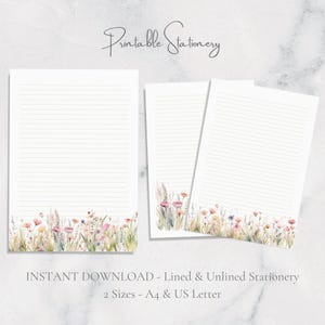 Papelaria para escrita botânica, papel de carta A4, para impressão em aquarela, para download instantâneo, para primavera, verão, flores silvestres, diário de lixo