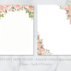 Papelaria para impressão de rosas cor-de-rosa, papel de carta floral para impressão, amante da natureza, papel de carta A4, download instantâneo