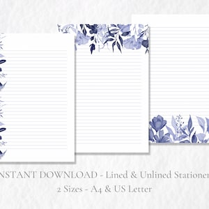 Papelaria floral azul para impressão, papel de carta botânico de inverno, conjunto de cartas A4, download instantâneo