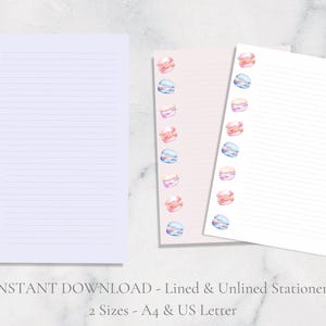 Papelería imprimible con macarrones, lindo papel para escribir cartas A4, carta estadounidense, descarga instantánea, papelería kawaii, papelería de comida, postre francés