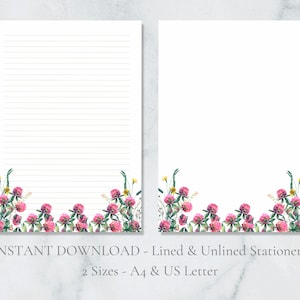 Papelaria para impressão de trevo rosa, papel de carta floral, papel de carta da natureza, papel de carta do prado, papel de carta A4 dos EUA, download instantâneo, Lucky