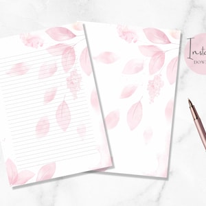 Papelería imprimible con hojas de acuarela rosa, hojas, papelería botánica, papel para escribir cartas, tamaño A4, carta estadounidense, descarga instantánea