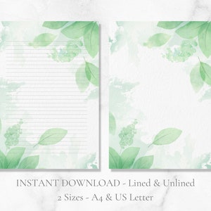 Papelería imprimible con hojas de acuarela, hojas, papelería botánica, papel para escribir, papel para escribir letras verdes, tamaño A4, carta estadounidense, descarga instantánea