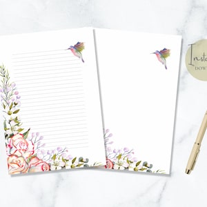 Rose Hummingbird Afdrukbaar briefpapier Bloemen stationair Natuur schrijfpapier Vogel brief schrijfpapier A4 US Letter Direct downloaden