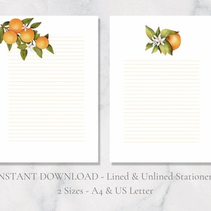 Papelería imprimible naranja, papel de papelería imprimible de frutas, papel de carta botánico, papelería de flores, tamaño carta A4 (EE. UU.), descarga instantánea