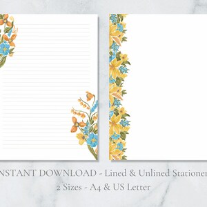 Papel de carta imprimible con diseño floral de sol, papel para escribir cartas con diseño de flores para amantes de la naturaleza, tamaño A4, carta estadounidense, descarga instantánea, ramo de lirios