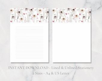 Daisy Meadow Printable Stationery Flower Stationary Botanical Writing Paper Letter Writing Paper Floral  A4 US Letter Instant Download