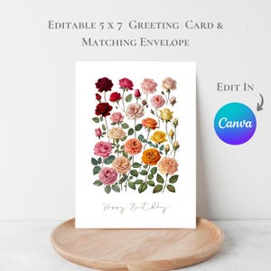 Bearbeitbare 5 X 7 Grußkarte Bunte Rose Printable Floral Geburtstagskarte Glückwunschkarte A4 US Letter In Canva Vorlage bearbeiten Vielen Dank