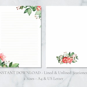 Papelaria para impressão de romã, papel de carta de frutas, papel de carta de planta, papel de carta A4, download instantâneo de flor botânica