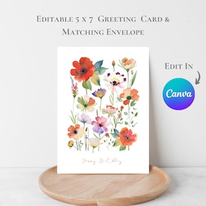 Bewerkbare 5 x 7 wenskaart aquarel tuin afdrukbare bloemen verjaardagskaart Gefeliciteerd A4 US Letter Edit in Canva Template Bedankt