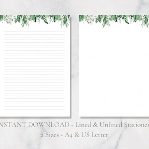 Papelería imprimible con motivos florales blancos, hojas verdes, papel botánico para escribir, bonito papel para escribir cartas, tamaño A4, tamaño carta de EE. UU., descarga instantánea