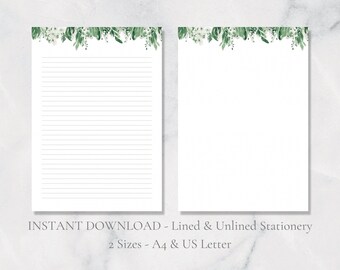 White floral Printable Stationery Green Leaf Stationary Botanical Writing Paper Pretty Letter Writing Paper A4 US Letter Instant Download