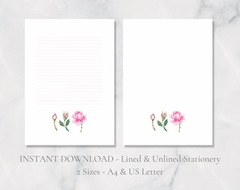 Pink Rose Printable Stationery Love Stationary Watercolor Writing Paper Floral Letter Writing Paper A4 US Letter Instant Download