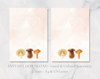 Mushroom Printable Stationery Woodland Writing Paper Autumn Fall Letter Paper A4 and US Letter Lined & Plain Instant Download PDF Stationery
