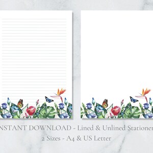 Papelería imprimible con diseño de jardín tropical, mariposas, hojas botánicas, tamaño A4, carta de EE. UU., descarga instantánea, ave del paraíso.