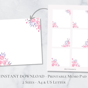 Bloc de notas imprimible con forma de corazón de rosa, juego de notas de San Valentín, bonito papel de notas con diseño floral, adhesivos A4, tamaño carta de EE. UU., descarga instantánea