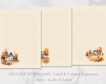 Fall Cottage Druckbares Briefpapier Herbst druckbares Briefpapier A4 US Letter Sofort Download Halloween Kürbisse