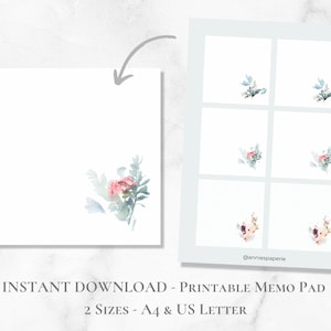 Bloco de notas para impressão de flores em aquarela, conjunto de notas florais, papel para notas botânicas, post-it, carta A4 EUA, download instantâneo