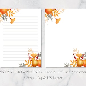 Papelería imprimible de cosecha de otoño Papelería de otoño Papelería de calabaza de otoño Papelería A4 y carta de EE. UU. Rayada y lisa Descarga instantánea en PDF