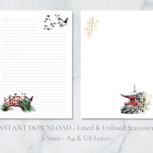 Papelaria para impressão de ponte e templo japonês Papel de bambu para carta da natureza Papel de carta A4 EUA para download instantâneo Jardim de primavera
