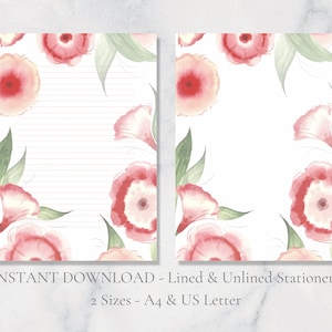 Papelería imprimible con diseño de flor de trompeta roja, papelería floral, papel de escritura de primavera, papel de escritura de cartas de Pascua, tamaño A4, descarga instantánea.