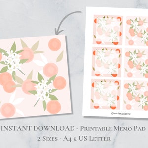 Bloco de notas para impressão de flor de laranjeira, conjunto de notas da natureza, aquarela, papel de notas botânicas, frutas, impressão, post-it, carta A4, download instantâneo