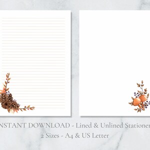 May include: Printable stationery set with two designs featuring fall foliage and a pine cone or mushrooms. The set includes lined and unlined paper in A4 and US Letter sizes.  INSTANT DOWNLOAD - Lined & Unlined Stationery 2 Sizes - A4 & US Letter