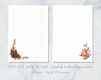 Woodland Printable Stationery Mushroom Pinecone Writing Paper Fall Autumn Paper A4 US Letter Lined & Plain Instant Download PDF Stationery