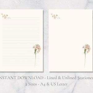 Papelaria para impressão de dente-de-leão, papel de carta floral, botânico, papel de carta com folhas, papel de carta A4, download instantâneo, natureza