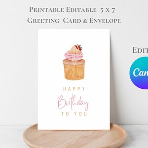 Editable Greeting Card 5 X 7  Pink Cupcake Printable Card Cute Cake Happy Birthday Card Congratulations A4 US Letter Edit in Canva Template