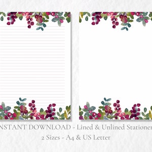 Papelería imprimible con diseño de bayas de invierno, papelería festiva, hojas, papel para escribir cartas, tamaño A4, EE. UU., descarga instantánea, papel para cartas navideñas.