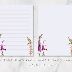 Papelería imprimible de dedalera y abeja, papelería floral, papel para escribir cartas de vida silvestre, papel A4, carta estadounidense, descarga instantánea