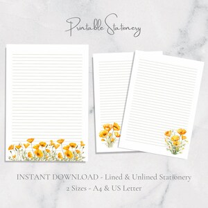 Papoulas da Califórnia para impressão, papel de carta botânico, tamanho A4, download instantâneo, diário de flores da primavera, prado, laranja