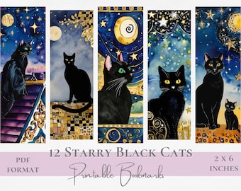 星空の黒猫の印刷可能なブックマーク、夜空の水彩猫、インスタントデジタルダウンロード、本好きへの装飾的なUSレターギフト、魔女猫