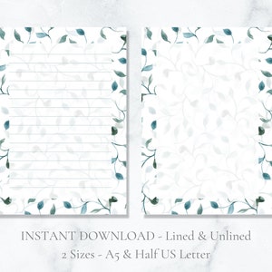 Papel de carta A5 para impressão, papel de carta, aquarela, botânico, natureza, papel de carta, download instantâneo