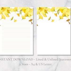 Papelería imprimible con hojas de ginkgo amarillas. Papelería de otoño. Papelería de otoño. Papelería en formato A4 y carta de EE. UU. con líneas y liso. Descarga instantánea en PDF.