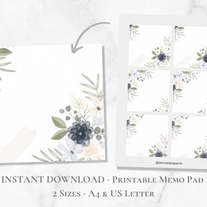 Bloco de notas floral aquarela para impressão, conjunto de notas com flores e folhas, papel para notas botânicas, post-it, carta A4 EUA, download instantâneo
